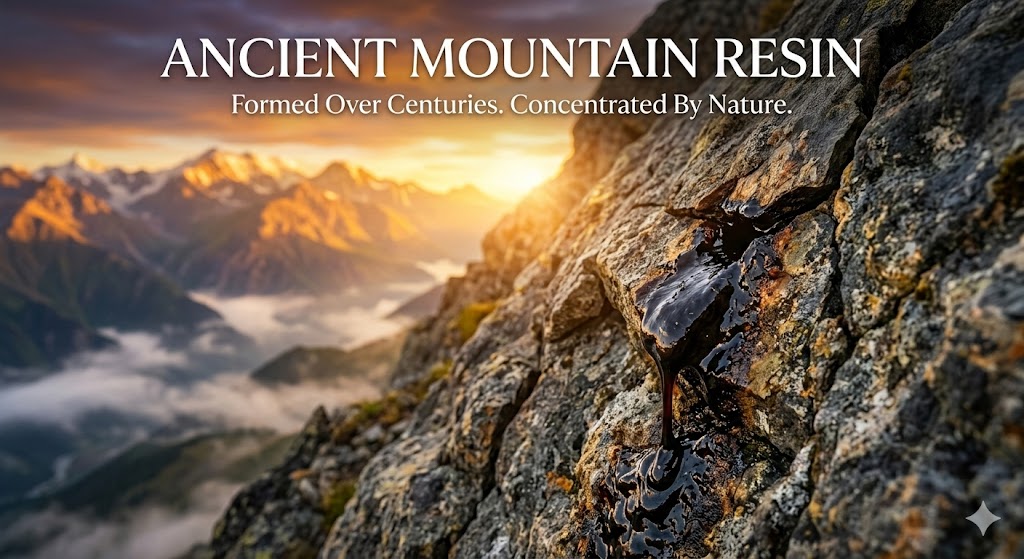 Open jar of mountain shilajit resin on stone with a wooden spoon