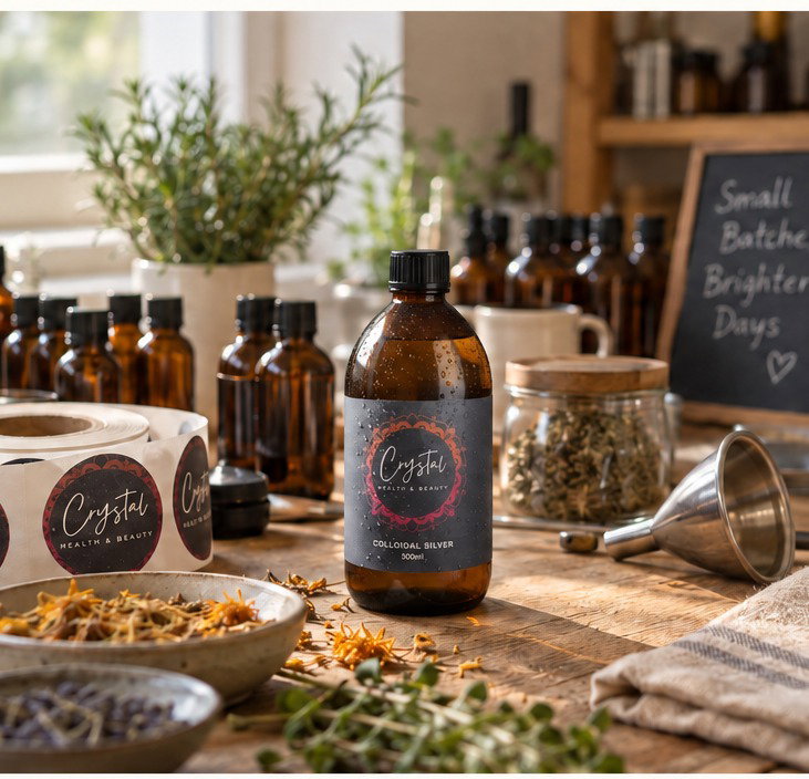 Crystal Health & Beauty colloidal silver being bottled in our family workshop